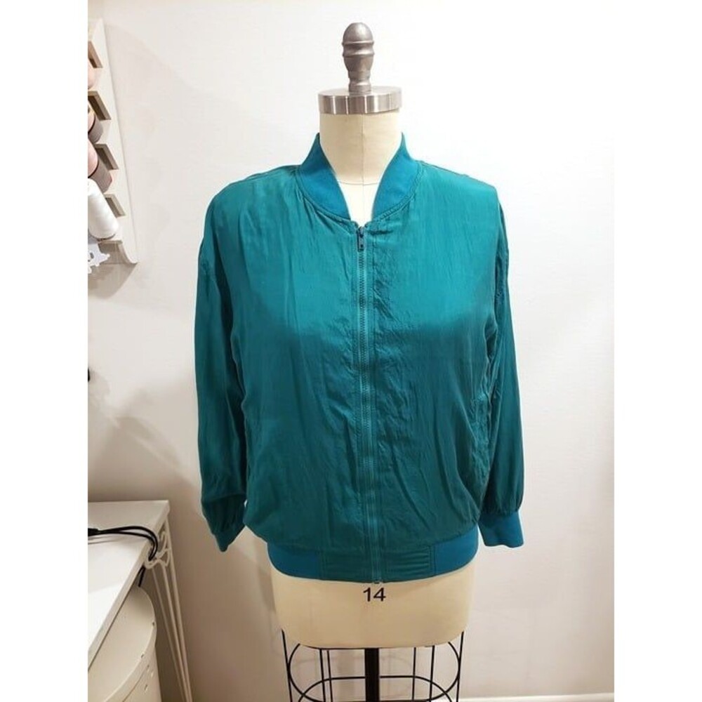 Vtg 90s Casual Corner Emerald Green Silk Bomber Windbreaker Jacket Size Large